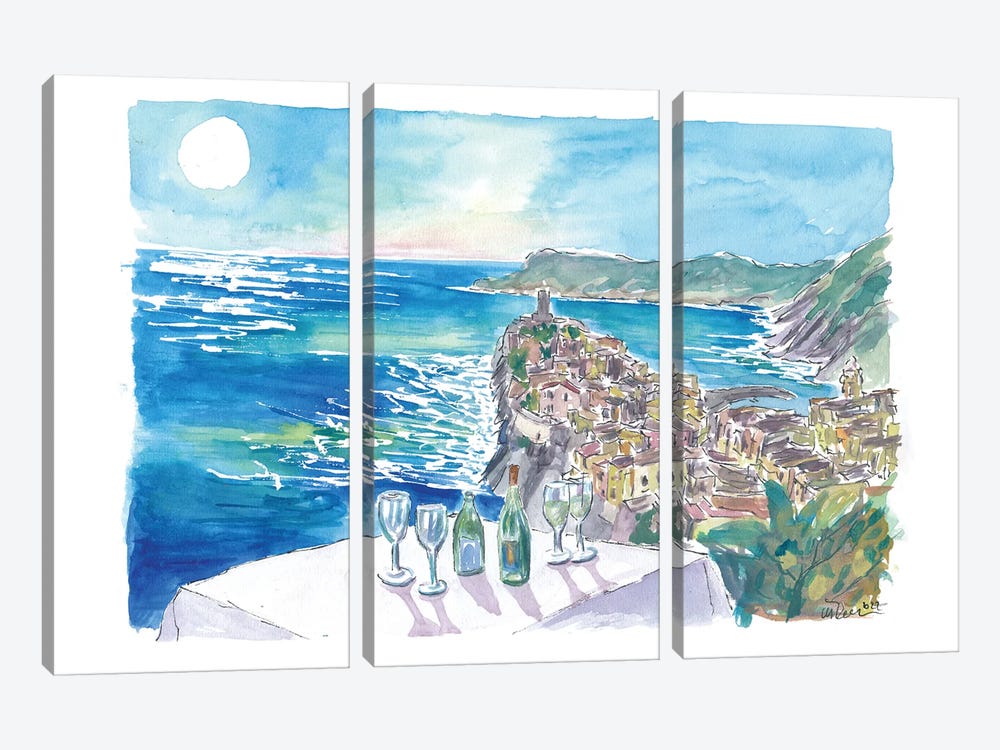 Mediterranean View From Restaurant With Wine And Vernazza Cinque Terre by Markus & Martina Bleichner 3-piece Canvas Art Print
