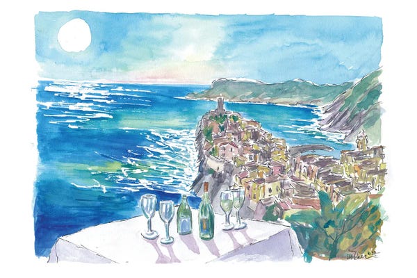 Markus & Martina Bleichner: Mediterranean View From Restaurant With Wine And Vernazza Cinque Terre by Markus & Martina Bleichner
