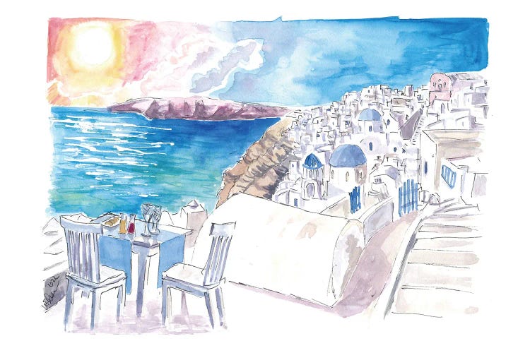 Santorini Sunset View With Rooftop Bar And Fruit Juices by Markus & Martina Bleichner wall art