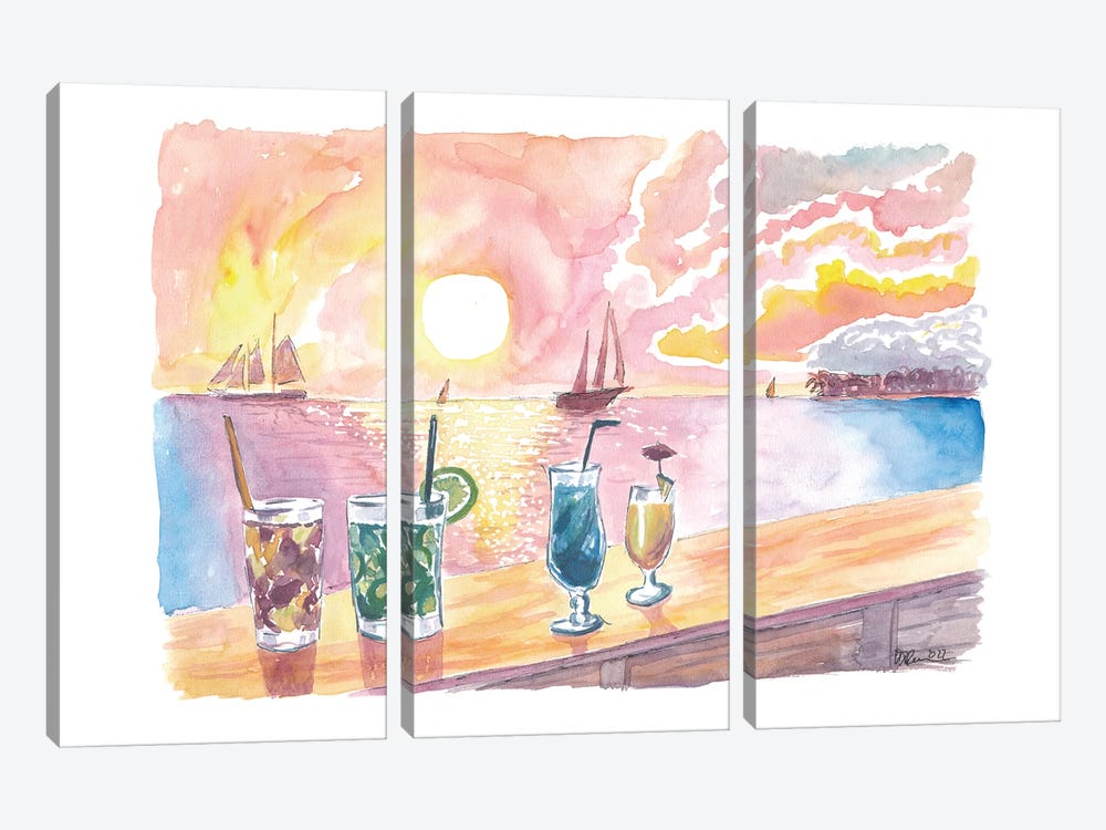 Unforgettable Sunset Celebration With Drinks On Mallory Sq Key West Florida by Markus & Martina Bleichner 3-piece Canvas Artwork