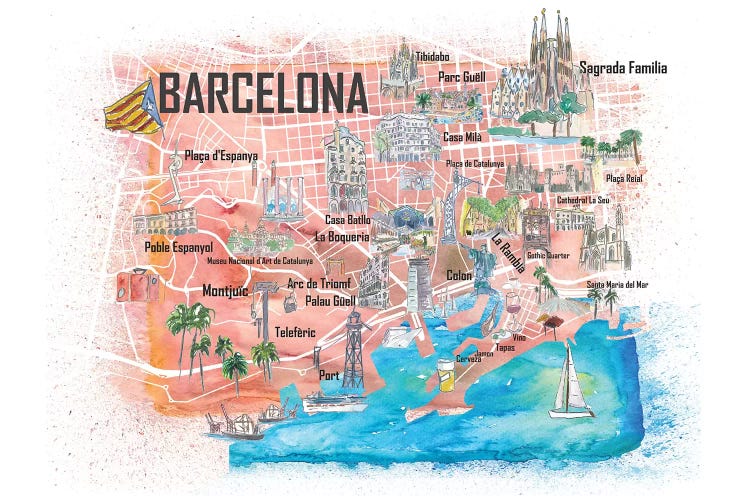 Barcelona Illustrated Travel Map with Main Roads, Landmarks and Highlights