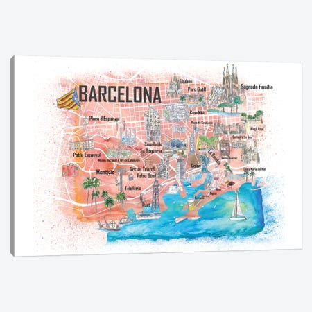 Barcelona Illustrated Travel Map with Main Roads, Landmarks and Highlights Canvas Print #MMB84} by Markus & Martina Bleichner Canvas Art