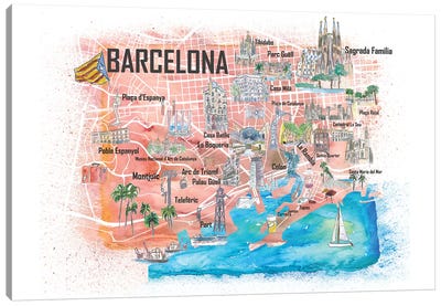 Barcelona Illustrated Travel Map with Main Roads, Landmarks and Highlights Canvas Art Print - Barcelona Art