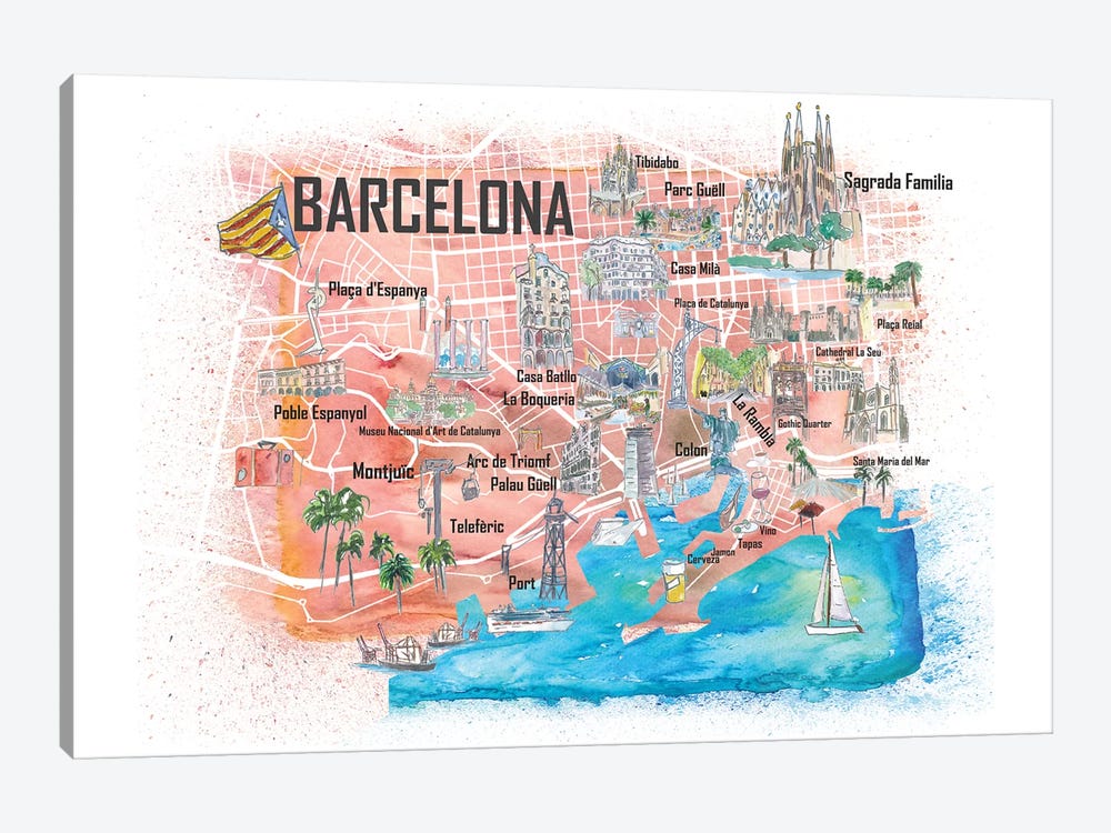 Barcelona Illustrated Travel Map with Main Roads, Landmarks and Highlights by Markus & Martina Bleichner 1-piece Canvas Art Print