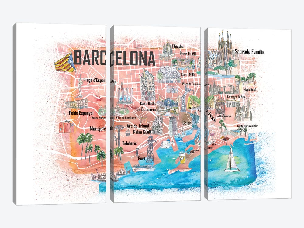 Barcelona Illustrated Travel Map with Main Roads, Landmarks and Highlights by Markus & Martina Bleichner 3-piece Art Print