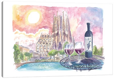 Enchanted Barcelona Spain With Sagrada Familia And Table At Placa De Gaudi Canvas Art Print - Famous Places of Worship