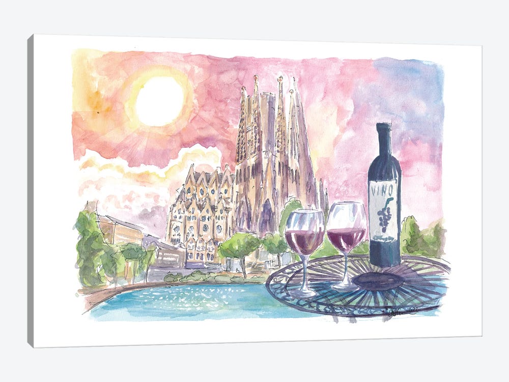 Enchanted Barcelona Spain With Sagrada Familia And Table At Placa De Gaudi by Markus & Martina Bleichner 1-piece Art Print