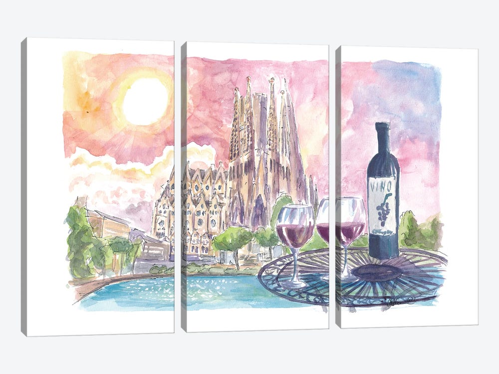 Enchanted Barcelona Spain With Sagrada Familia And Table At Placa De Gaudi by Markus & Martina Bleichner 3-piece Canvas Print