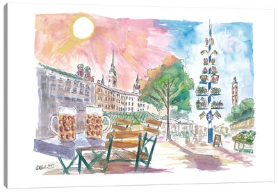 Munich Cosy Beergarden With Maypole And Historic Center Canvas Art Print
