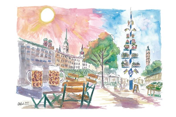 Markus & Martina Bleichner: Munich Cosy Beergarden With Maypole And Historic Center by Markus & Martina Bleichner