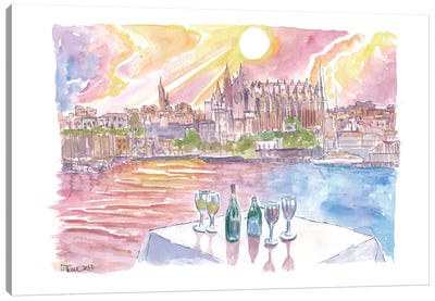 Dinner In Palma Majorca With Port, Wine And La Seu Canvas Art Print - Churches & Places of Worship