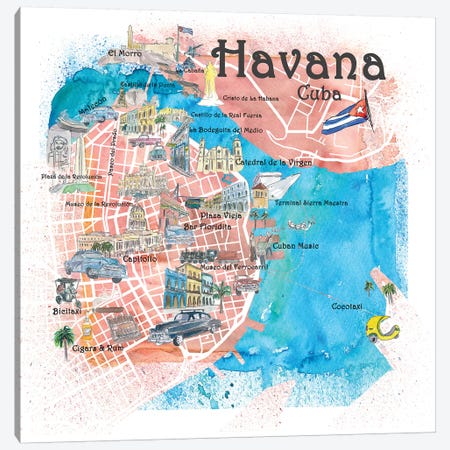 Havana Cuba Illustrated Map Canvas Print #MMB85} by Markus & Martina Bleichner Canvas Artwork
