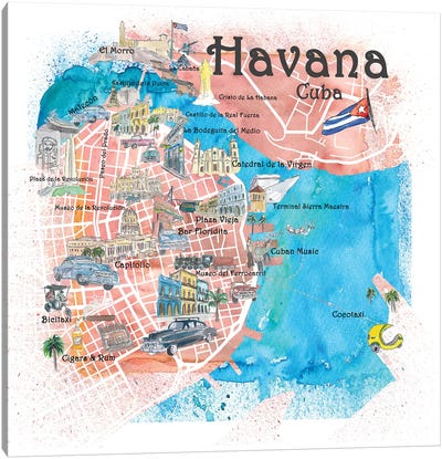 Havana Cuba Illustrated Map Canvas Art Print - Havana Art