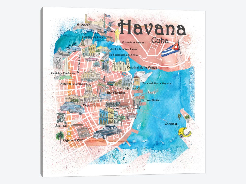 Havana Cuba Illustrated Map by Markus & Martina Bleichner 1-piece Canvas Wall Art