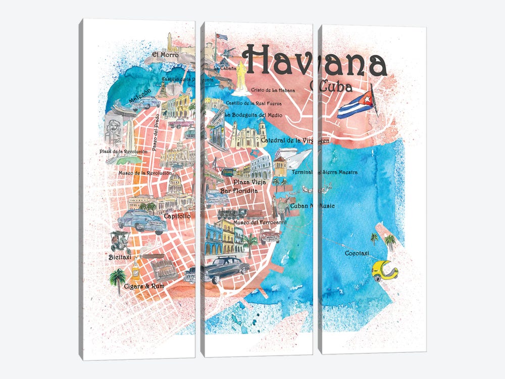 Havana Cuba Illustrated Map by Markus & Martina Bleichner 3-piece Canvas Artwork
