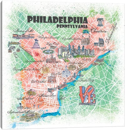 Philadelphia Pennsylvania Illustrated Map Canvas Art Print - Philadelphia Art