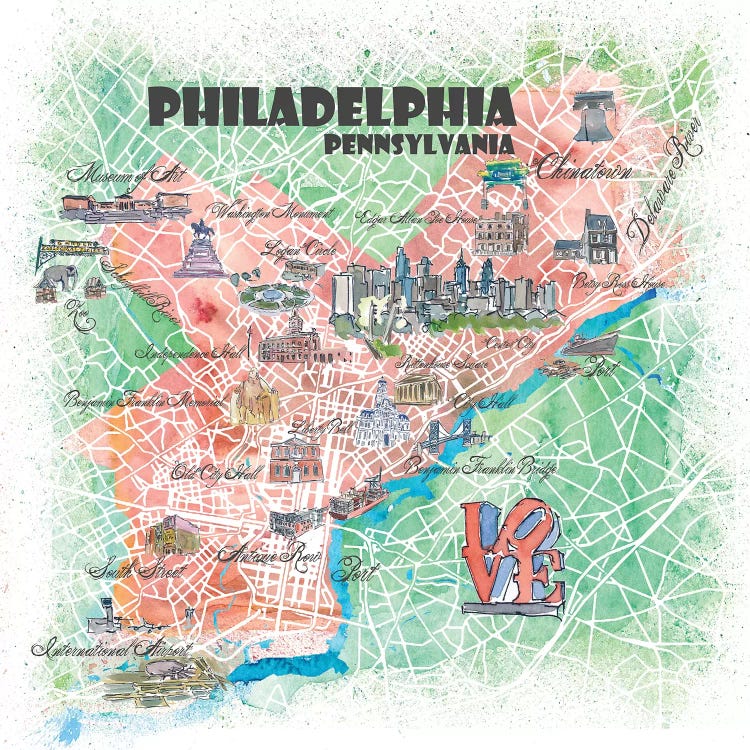 Philadelphia Pennsylvania Illustrated Map by Markus & Martina Bleichner wall art