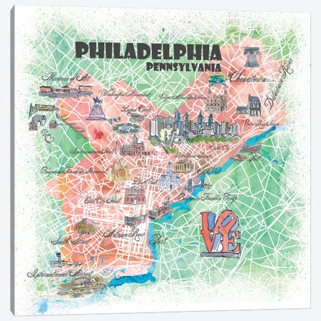 Philadelphia Pennsylvania Illustrated Map Canvas Print #MMB86} by Markus & Martina Bleichner Canvas Art