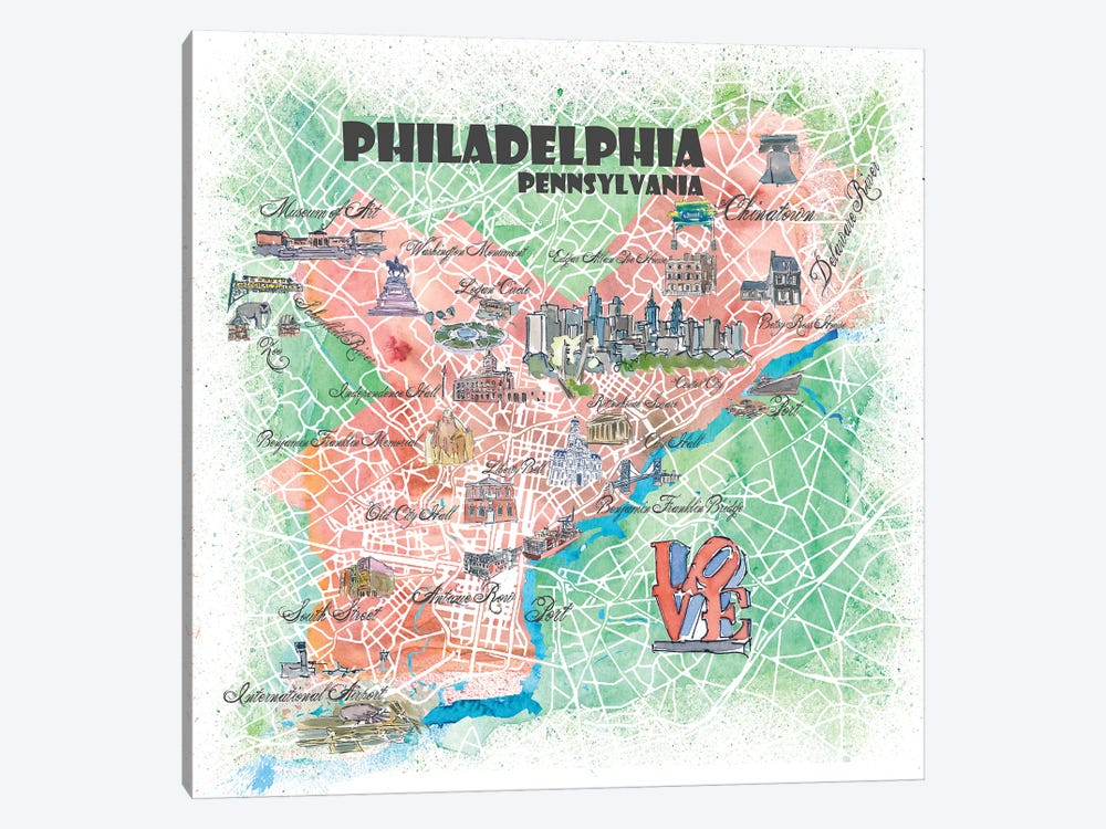 Philadelphia Pennsylvania Illustrated Map by Markus & Martina Bleichner 1-piece Art Print