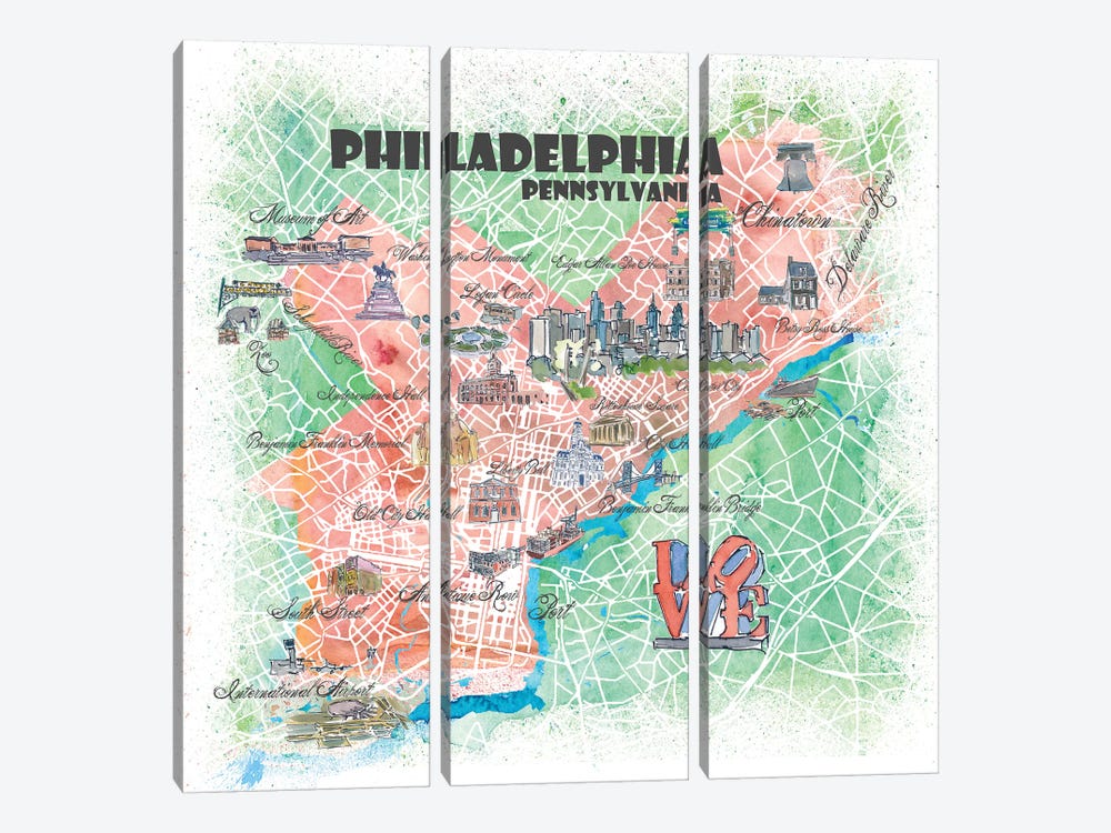 Philadelphia Pennsylvania Illustrated Map by Markus & Martina Bleichner 3-piece Canvas Print