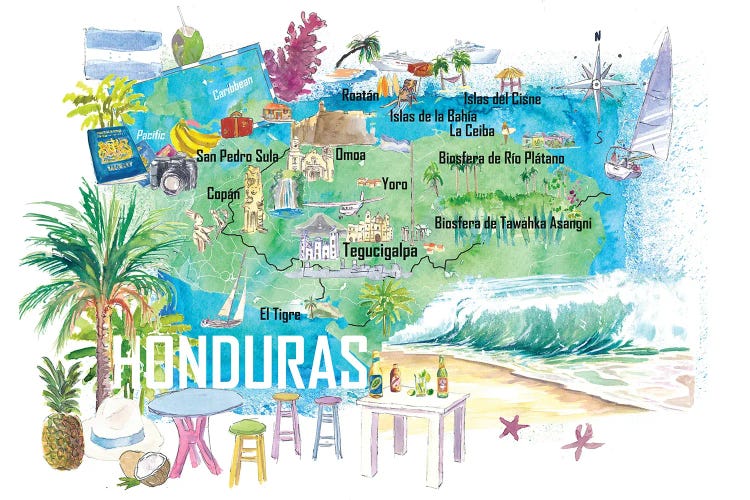 Honduras Illustrated Travel Map With Roads And Tourist Highlights