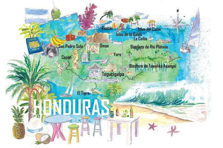 Honduras Illustrated Travel Map With Roads And Tourist Highlights by Markus & Martina Bleichner wall art