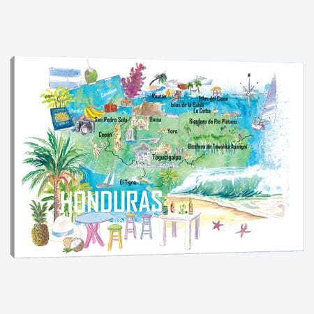 Honduras Illustrated Travel Map With Roads And Tourist Highlights Canvas Print #MMB870} by Markus & Martina Bleichner Canvas Wall Art