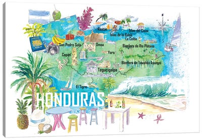 Honduras Illustrated Travel Map With Roads And Tourist Highlights Canvas Art Print - Markus & Martina Bleichner