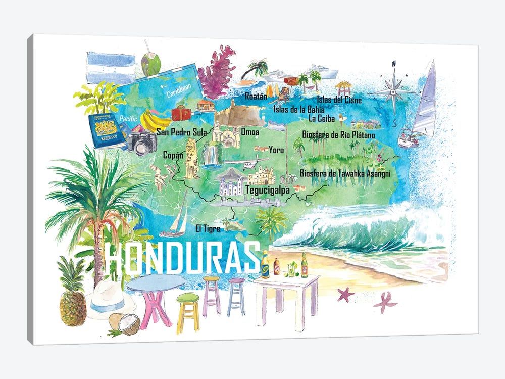 Honduras Illustrated Travel Map With Roads And Tourist Highlights by Markus & Martina Bleichner 1-piece Art Print