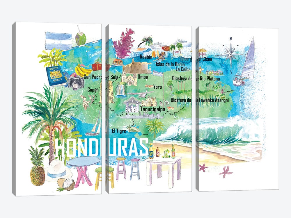 Honduras Illustrated Travel Map With Roads And Tourist Highlights by Markus & Martina Bleichner 3-piece Canvas Art Print