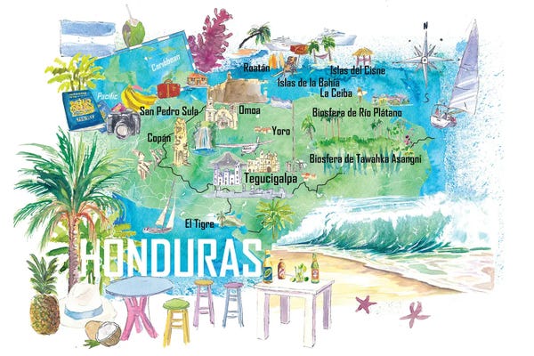 Central America: Honduras Illustrated Travel Map With Roads And Tourist Highlights by Markus & Martina Bleichner