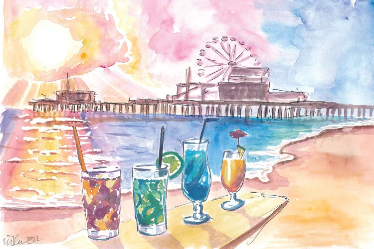 Sunset Cocktails With Santa Monica Pier At The Beach