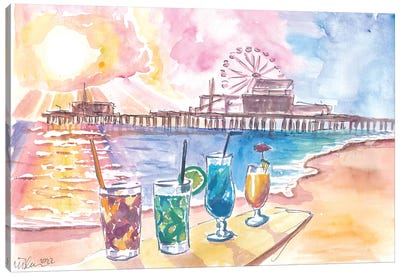 Sunset Cocktails With Santa Monica Pier At The Beach Canvas Art Print - Santa Monica