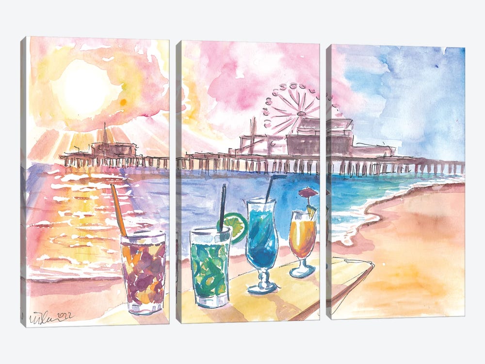 Sunset Cocktails With Santa Monica Pier At The Beach by Markus & Martina Bleichner 3-piece Canvas Wall Art