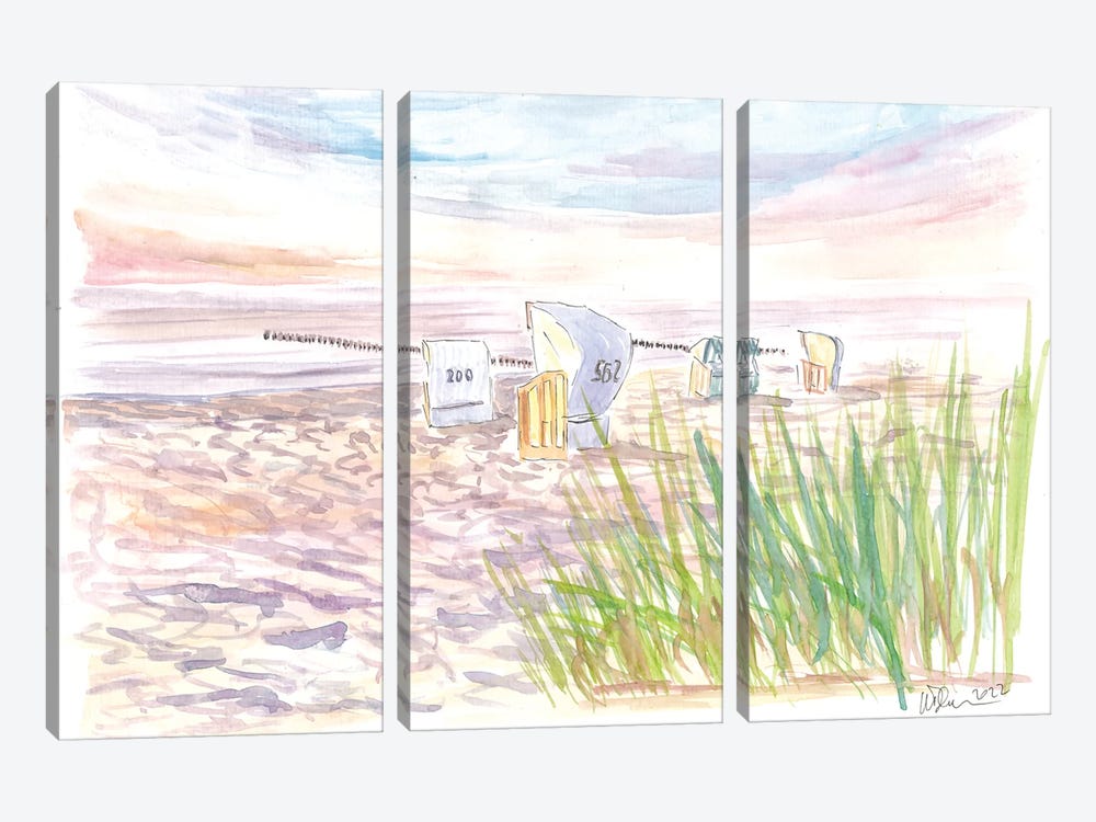 Baltic Sea Beach Chairs And Sunset Romance by Markus & Martina Bleichner 3-piece Canvas Art Print