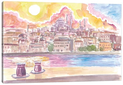 Istanbul Turkey Amazing City View With Skyline And Tea Canvas Art Print - Turkey Art