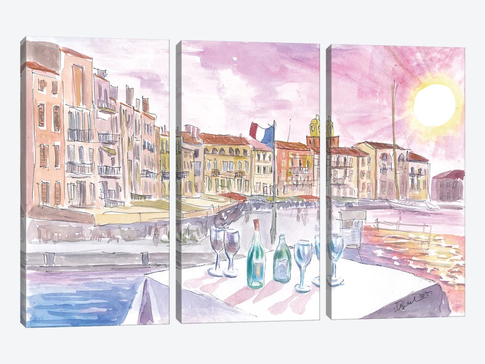 Saint-Tropez France View Of Old Port And Bar With Wine by Markus & Martina Bleichner 3-piece Canvas Artwork
