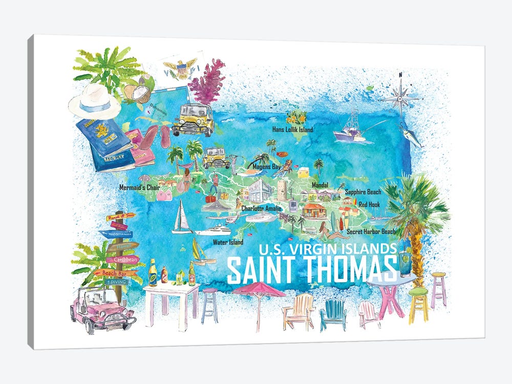 Saint Thomas US Virgin Islands Illustrated Travel Map With Roads And Tourist Highlights by Markus & Martina Bleichner 1-piece Art Print
