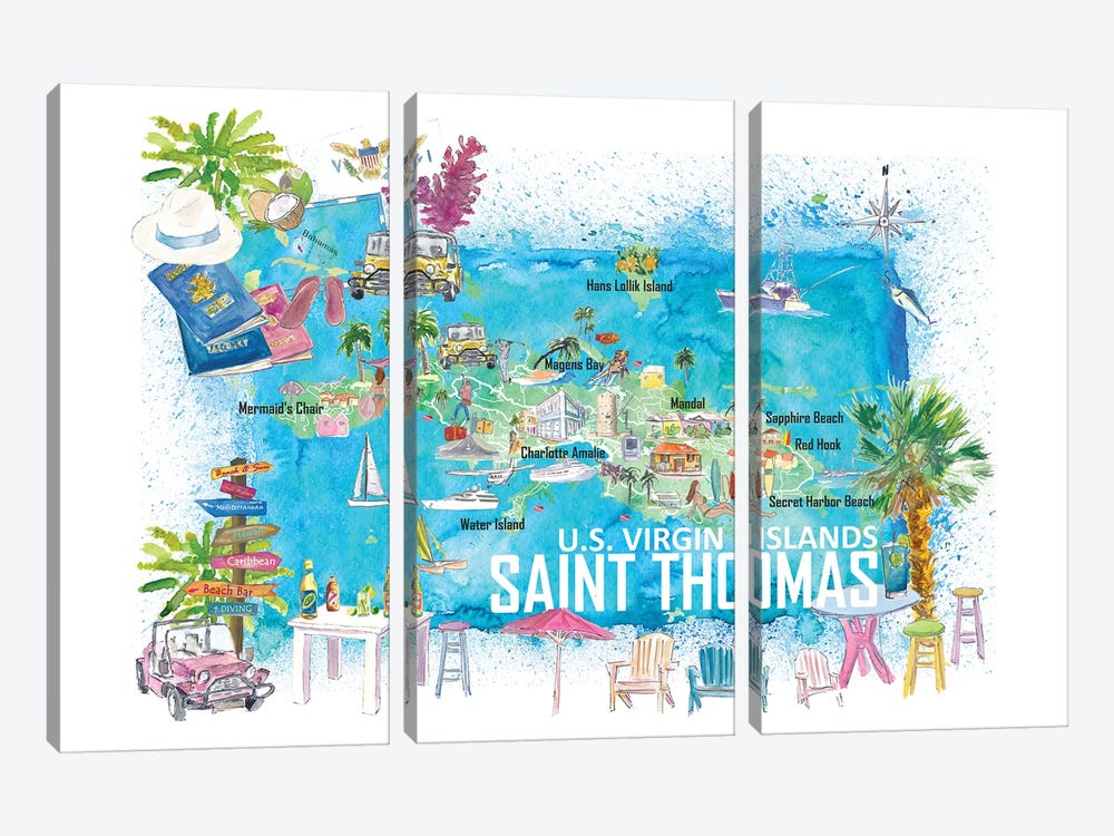 Saint Thomas US Virgin Islands Illustrated Travel Map With Roads And Tourist Highlights by Markus & Martina Bleichner 3-piece Canvas Print