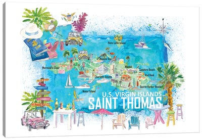 Saint Thomas US Virgin Islands Illustrated Travel Map With Roads And Tourist Highlights Canvas Art Print - Caribbean Art