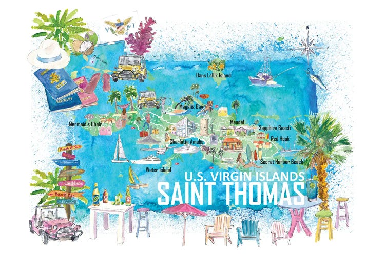 Saint Thomas US Virgin Islands Illustrated Travel Map With Roads And Tourist Highlights