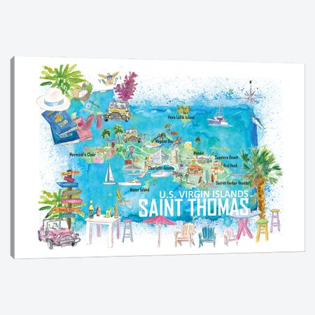 Saint Thomas US Virgin Islands Illustrated Travel Map With Roads And Tourist Highlights Canvas Print #MMB885} by Markus & Martina Bleichner Canvas Artwork