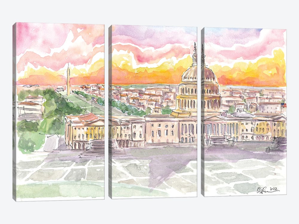 Washington D.C. View Of Capitol And Monument With Wonderful Sky by Markus & Martina Bleichner 3-piece Canvas Print
