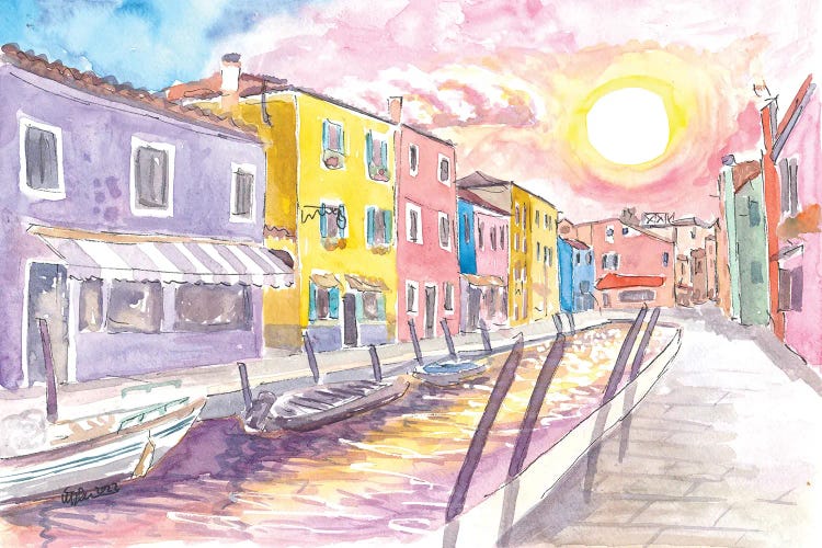 Colorful Burano Canal With Shops And Sun Reflections On Canal