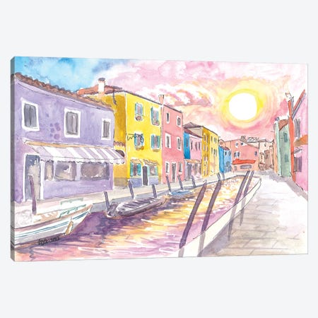 Colorful Burano Canal With Shops And Sun Reflections On Canal Canvas Print #MMB891} by Markus & Martina Bleichner Canvas Artwork