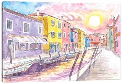 Colorful Burano Canal With Shops And Sun Reflections On Canal Canvas Art Print - Burano