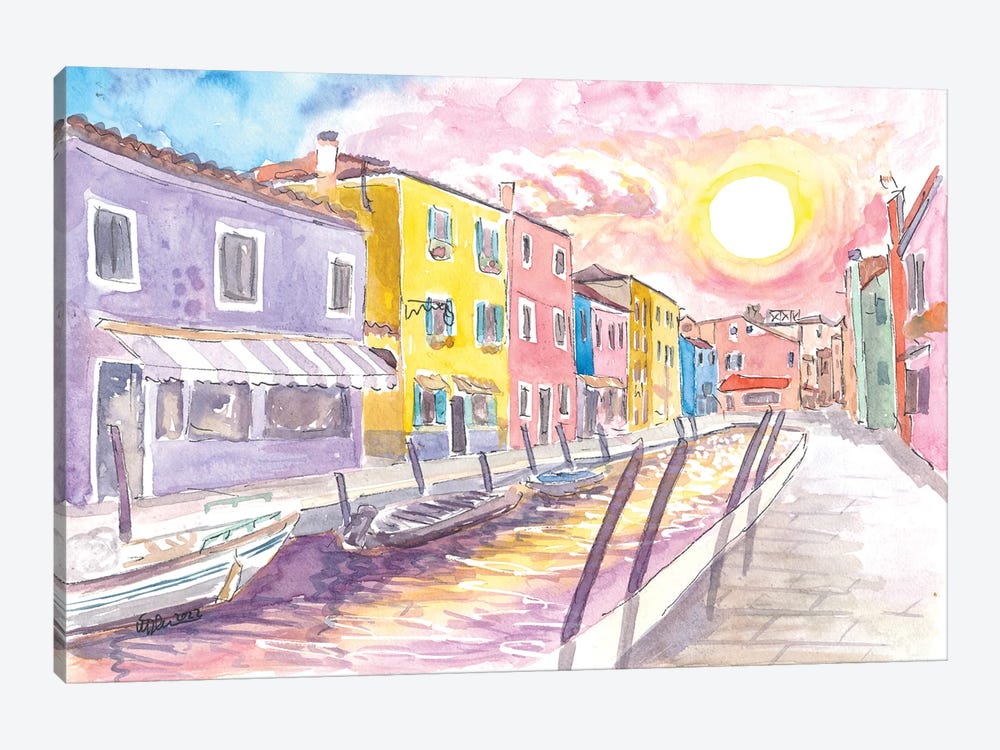 Colorful Burano Canal With Shops And Sun Reflections On Canal by Markus & Martina Bleichner 1-piece Canvas Art