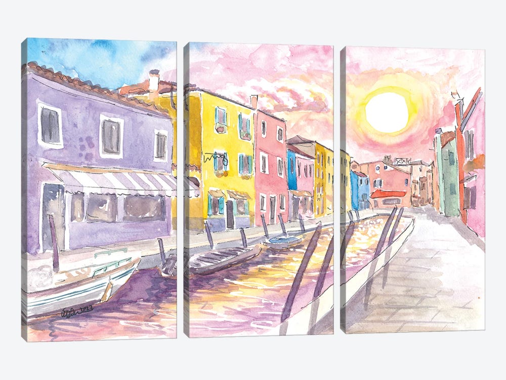 Colorful Burano Canal With Shops And Sun Reflections On Canal by Markus & Martina Bleichner 3-piece Canvas Artwork