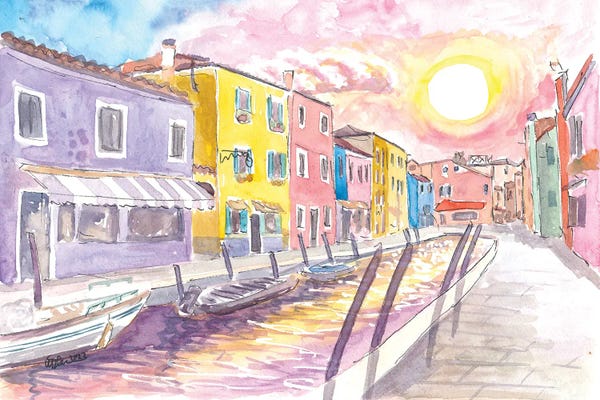 Burano: Colorful Burano Canal With Shops And Sun Reflections On Canal by Markus & Martina Bleichner