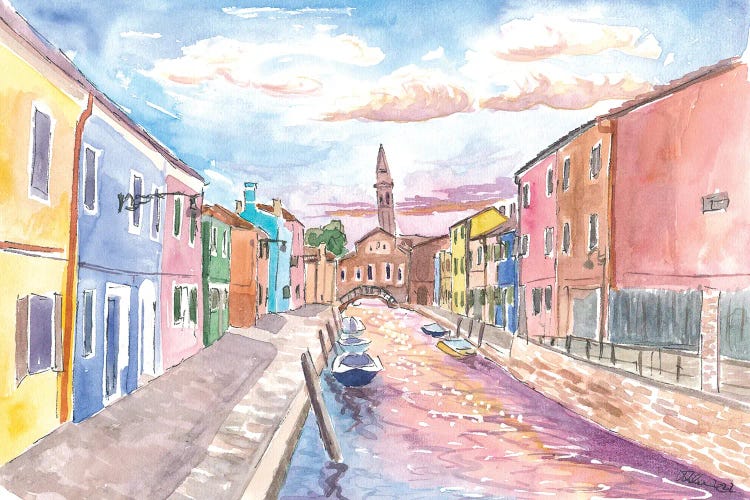 Burano View Of Canal And Leaning Bell Tower